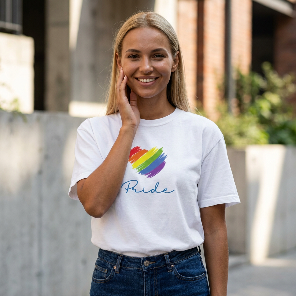 Model wearing Pride tee
