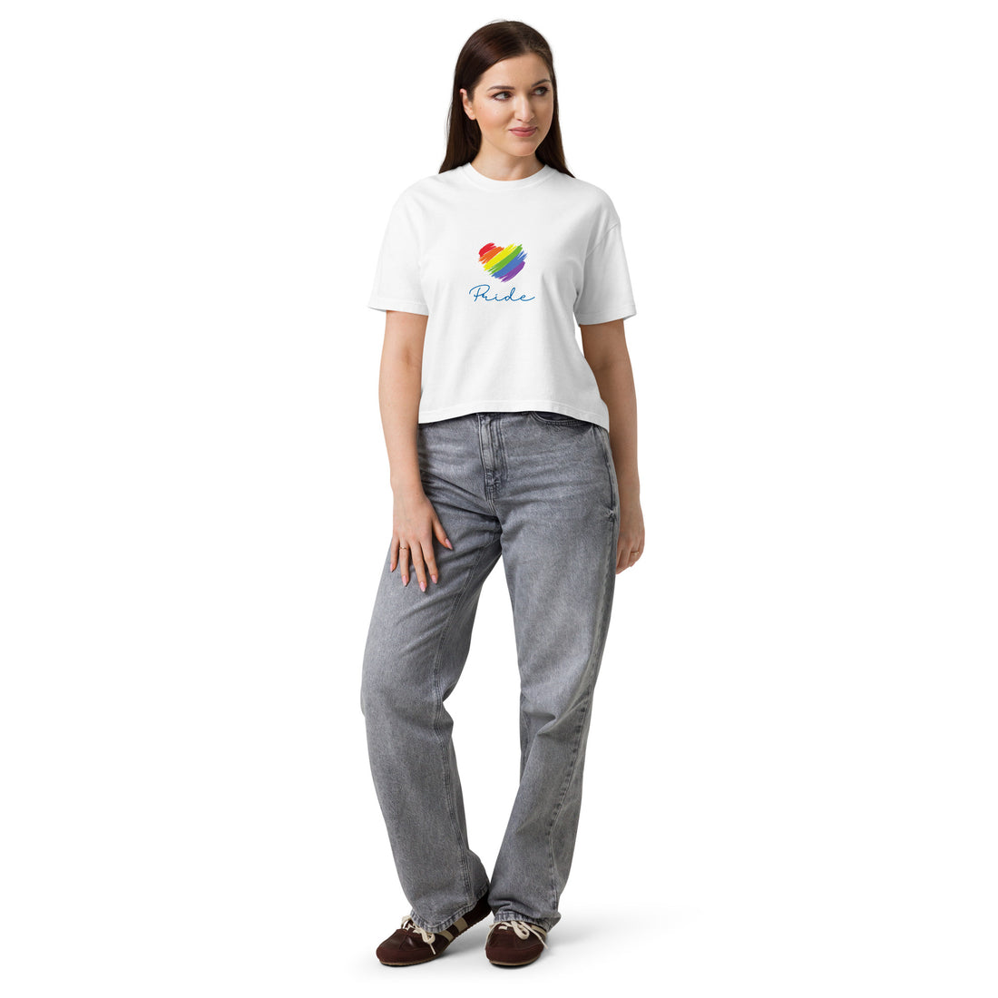 Model wearing Pride tee